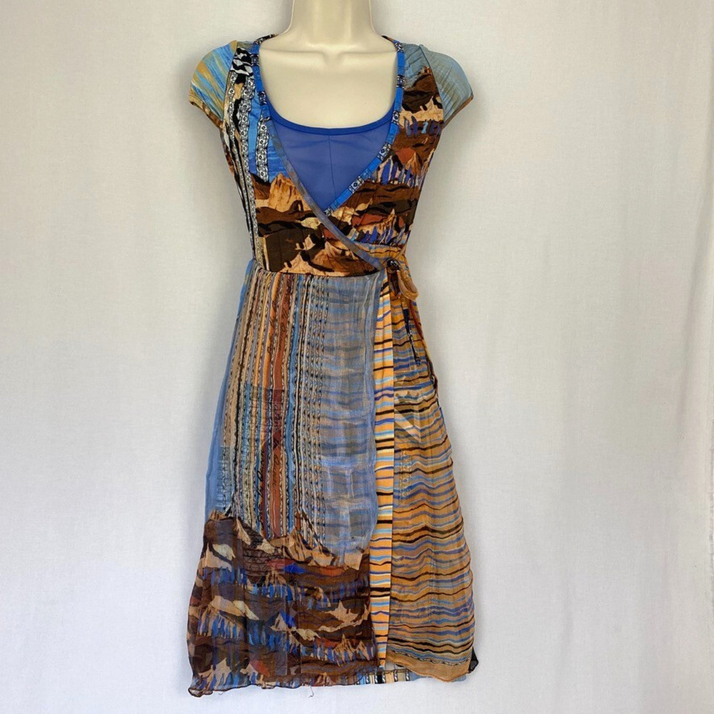 Save the Queen Wrap Dress Small Stretch‎ Sheer Mesh Layered Boho Artsy Moroccan